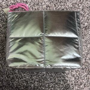Sephora Metallic Silver Puffer Cosmetic Bag with Pink Pull